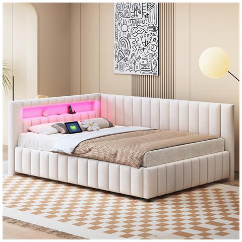 Divano-letto Imbottito 140x200cm, Con Illuminazione Led E Connessione Di Ricarica Usb, Tessuto Di Velluto, Beige, Senza Materasso - Foto 1