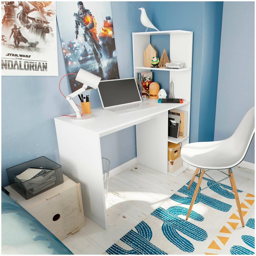 Scrivania Pittston, Scrittoio Lineare Con Libreria, Tavolo Ufficio Multiuso Salvaspazio, 110x50h136 Cm, Bianco - Foto 4