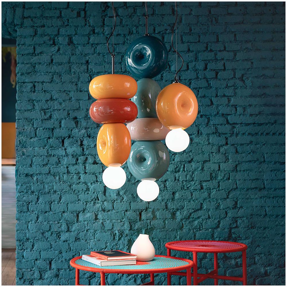 Sospensione Vintage Decò Bumbum 3 Elementi Ceramica Gialla E Arancio 1 Luce E27 - Foto 2