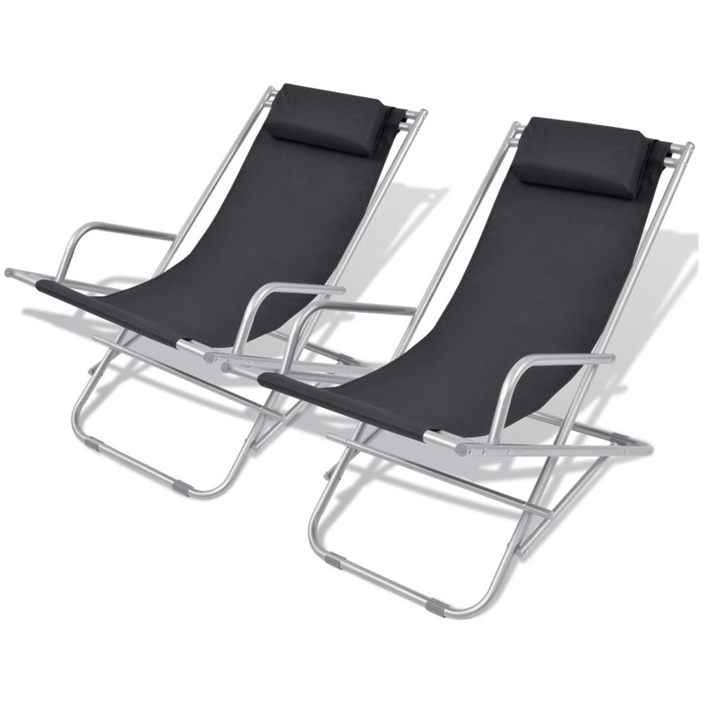 VIDAXL Sedie a Sdraio Reclinabili Set 2 pz Nero in Acciaio vidaXL Set 2 pz Sedia da Spiaggia Sdraio Prendisole Piscina