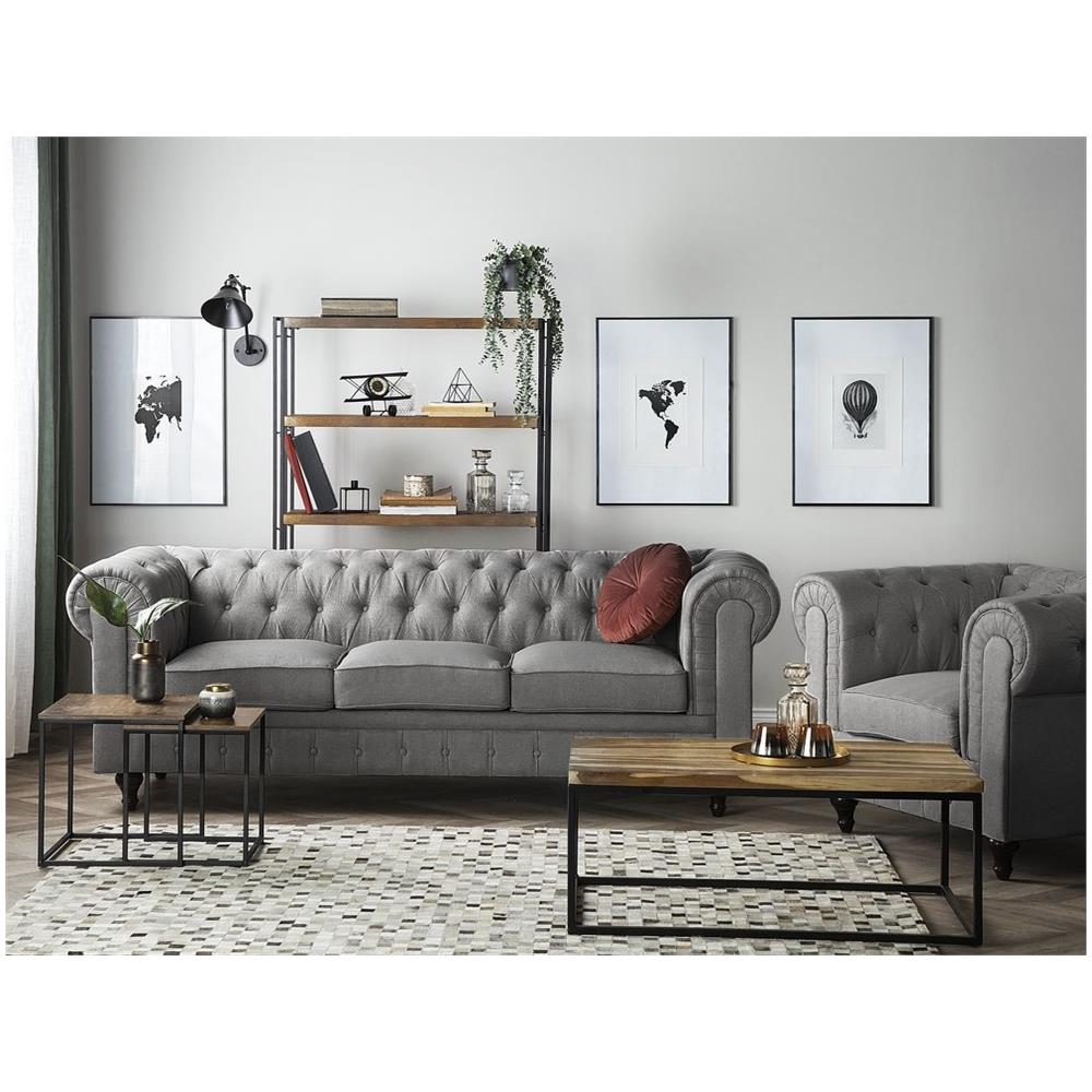 Set Divano E Poltrona 4 Posti In Tessuto Grigio Chesterfield - Foto 2