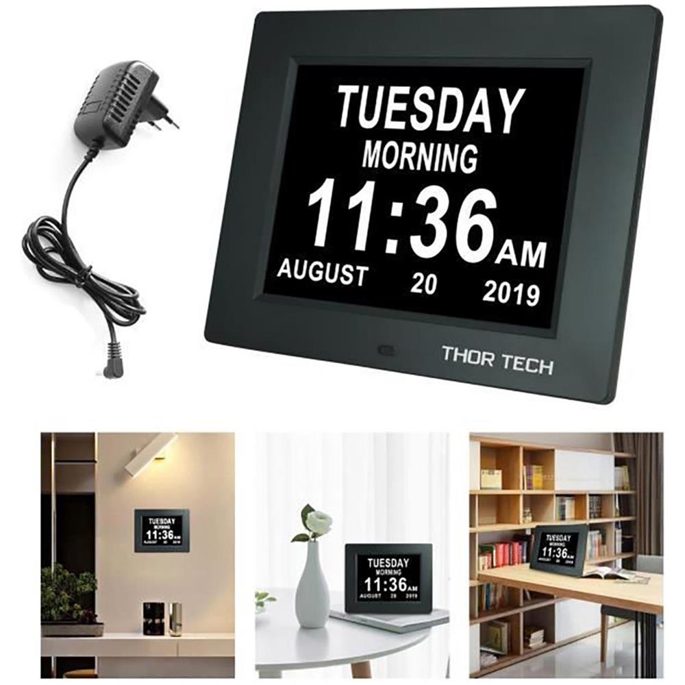 Orologio Con Calendario A Led Da 8 Pollici - Carattere Grande - Sveglia - Nero - Per Anziani / Alzheimer E Bambini - Foto 2