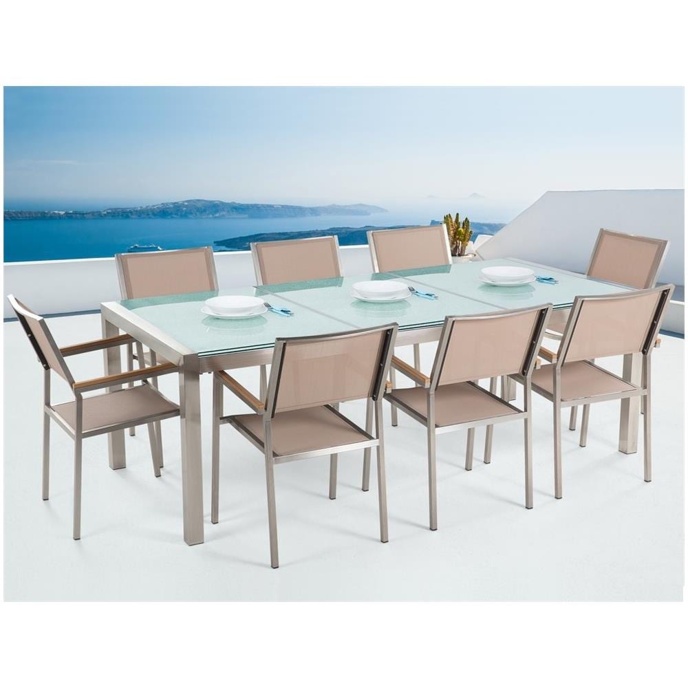 Set Tavolo E Sedie Da Giardino - In Vetro Temperato E Fibra Tessile Beige - Tavolo 220 Con 8 Sedie - Grosseto - Foto 2
