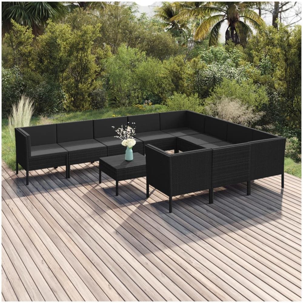 Set Divani Da Giardino 11 Pz Con Cuscini In Polyrattan Nero - Foto 1
