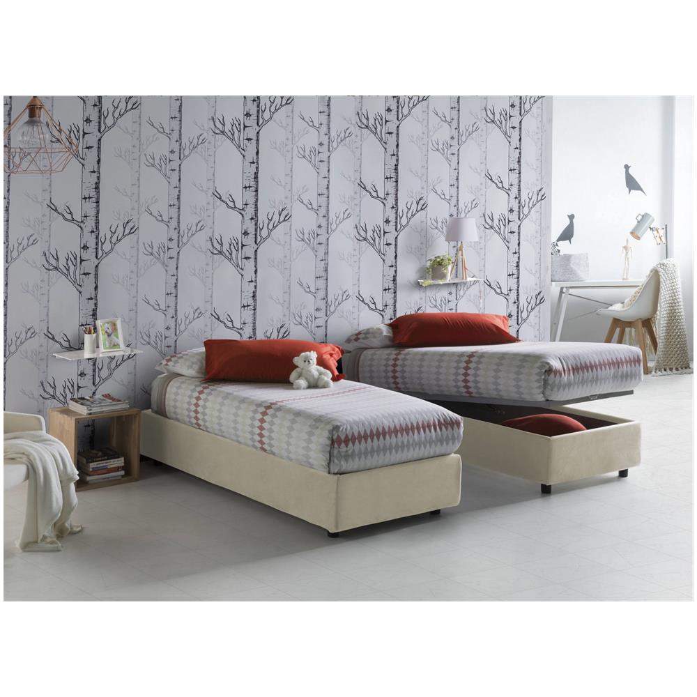 Letto Singolo Valentina, Letto Contenitore Con Rivestimento In Tessuto, 100% Made In Italy, Apertura Frontale, Con Materasso Cm 90x200 Incluso, Beige - Foto 1