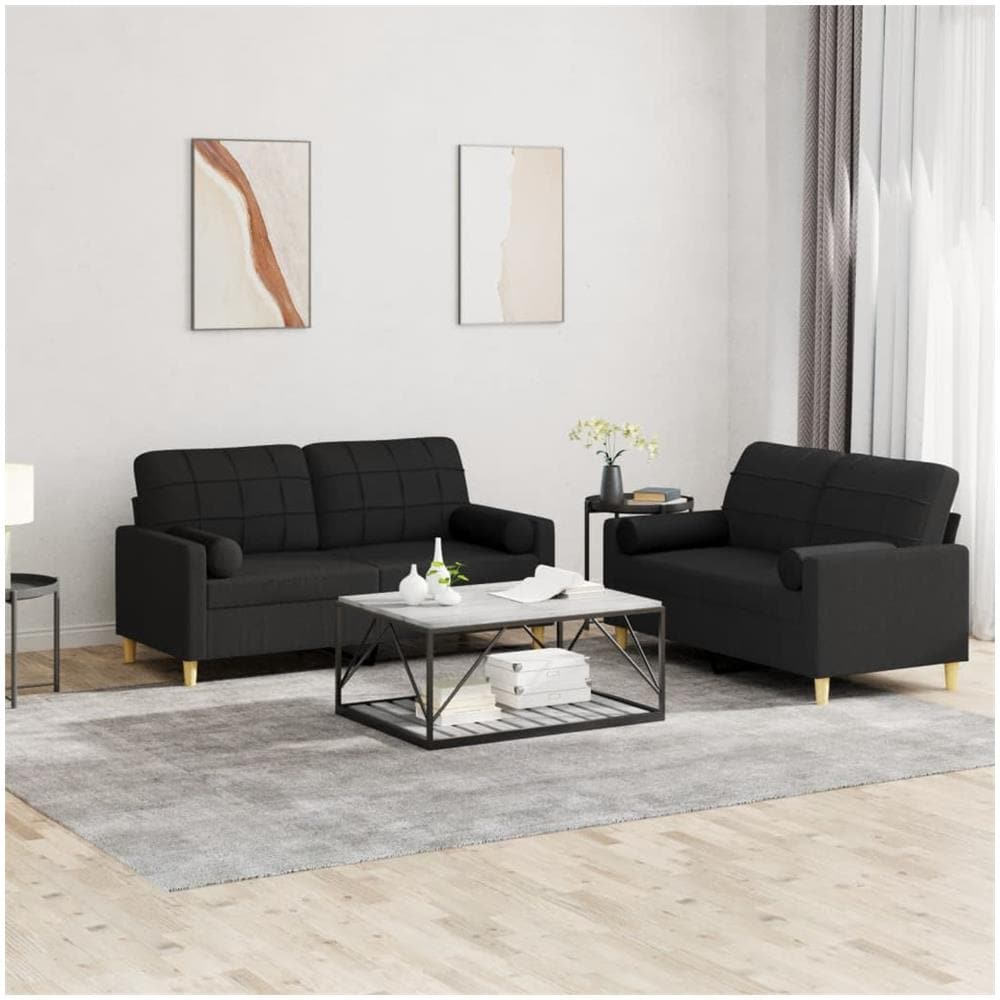 Set Divani 2 Pz Con Cuscini Nero In Tessuto - Foto 1