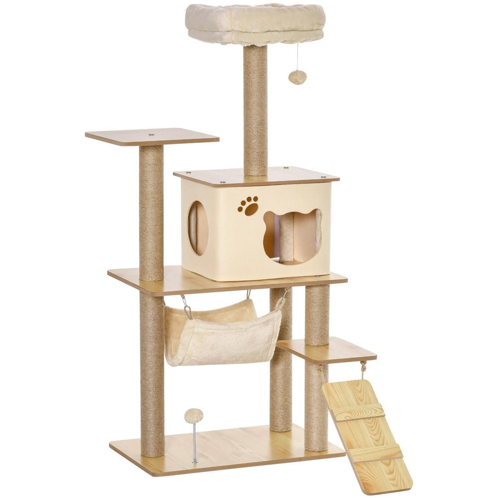 Albero Tiragraffi Multilivello Con Casetta, Amaca, Scaletta E Corde In Juta, Rivestimento Peluche, 60x40x130cm, Giallo - Foto 1