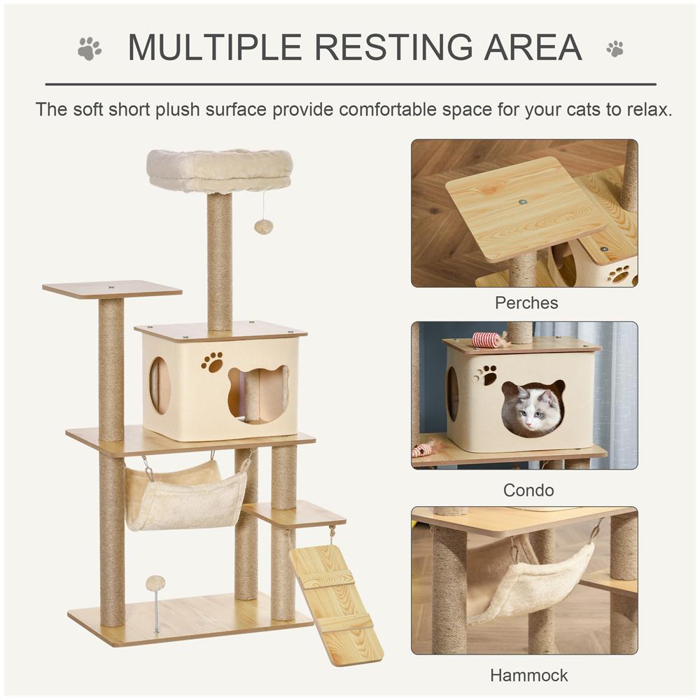 Albero Tiragraffi Multilivello Con Casetta, Amaca, Scaletta E Corde In Juta, Rivestimento Peluche, 60x40x130cm, Giallo - Foto 8