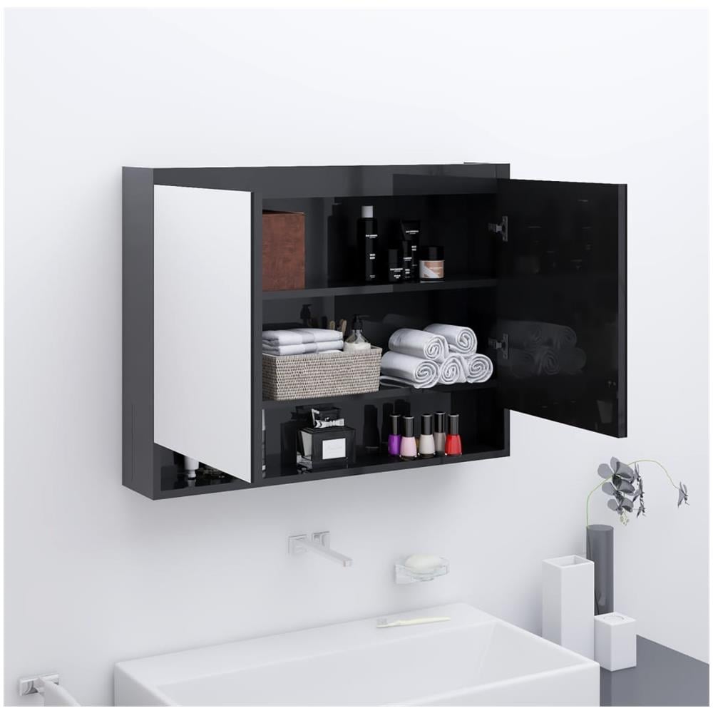 Armadietto A Specchio Per Bagno 80x15x60 Cm Mdf Nero Lucido - Foto 1