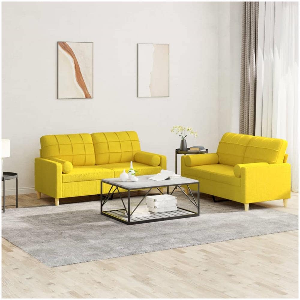 Set Di Divani 2 Pz Con Cuscini Giallo Chiaro In Tessuto - Foto 1