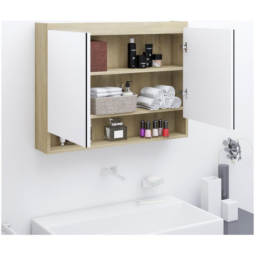 Armadietto A Specchio Per Bagno 80x15x60 Cm Mdf Bianco E Rovere - Foto 1