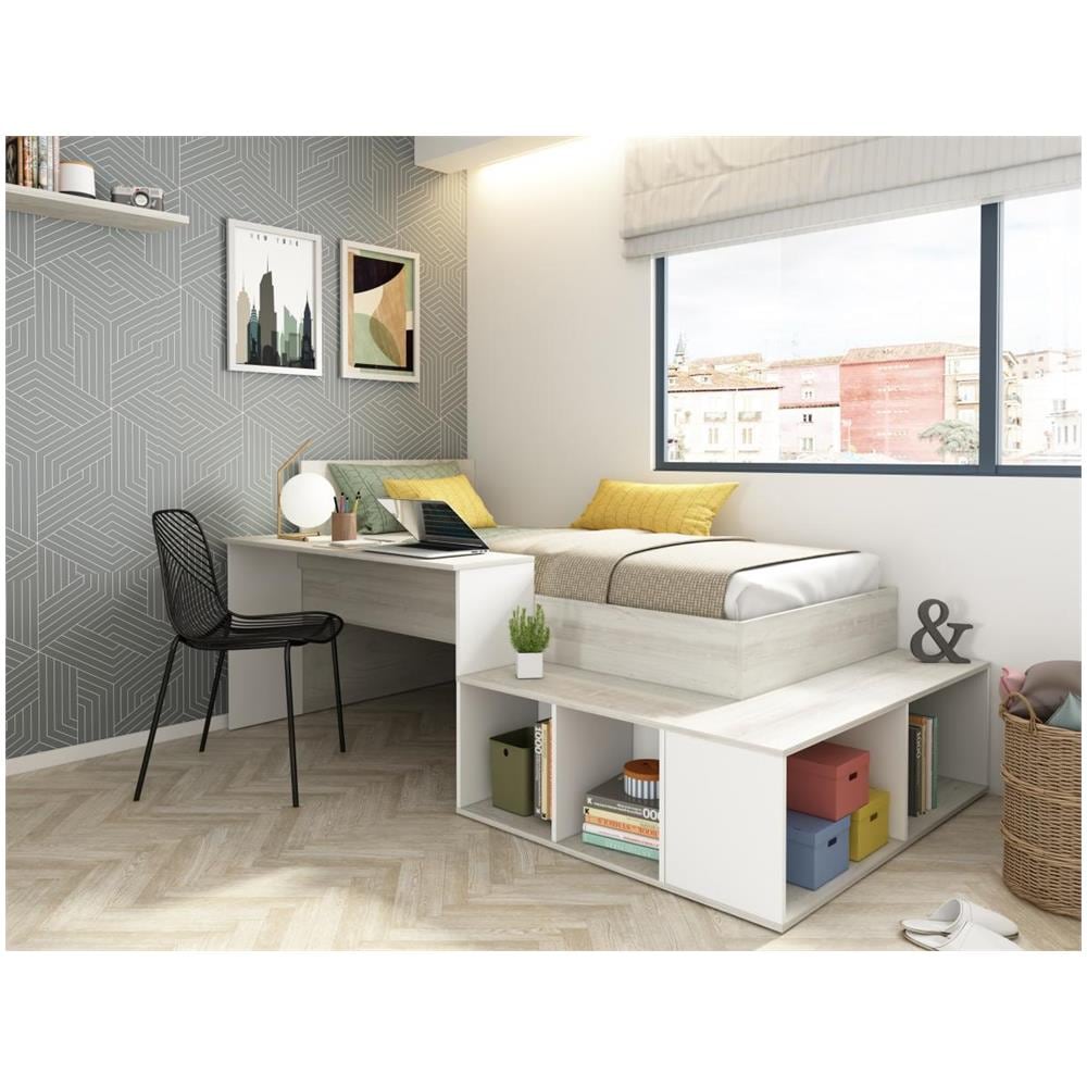 Letto Combinato 90 X 200 Cm Con Vani Portaoggetti E Scrivania Naturale Grigio E Bianco - Rigali - Foto 1