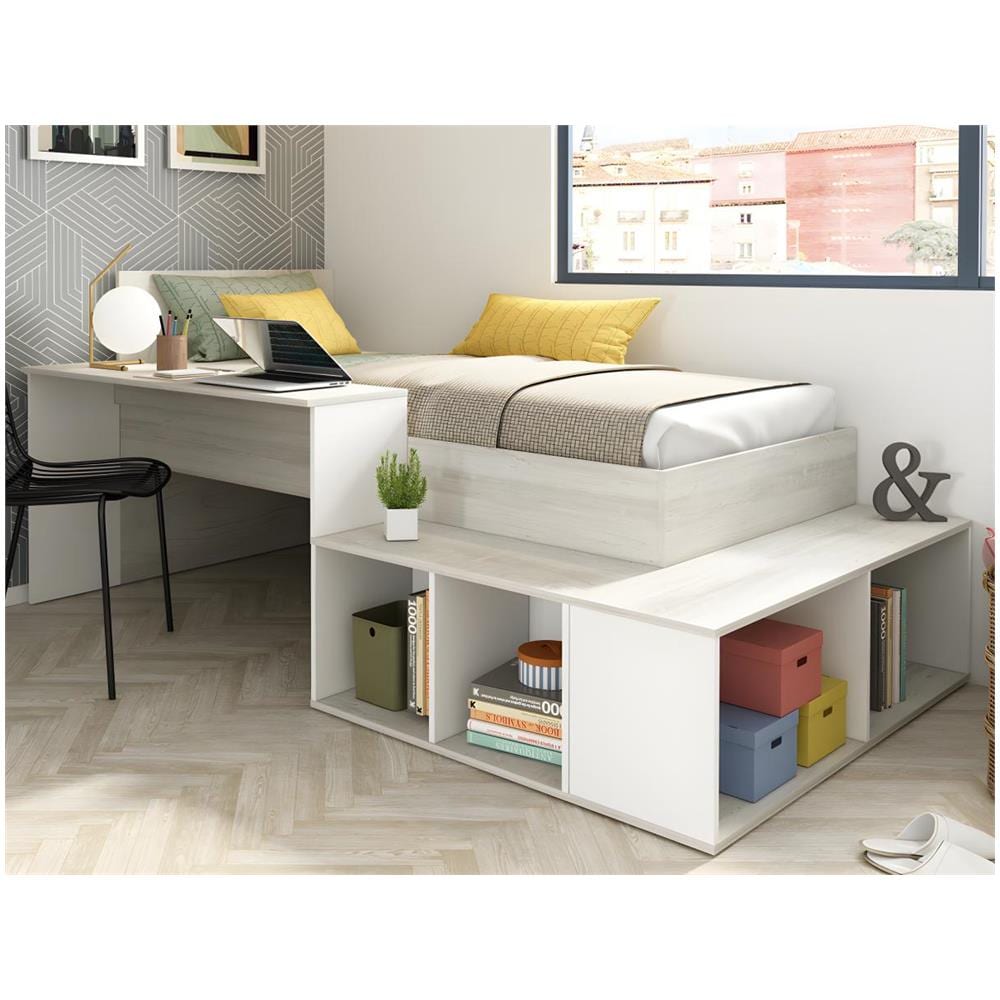 Letto Combinato 90 X 200 Cm Con Vani Portaoggetti E Scrivania Naturale Grigio E Bianco - Rigali - Foto 2