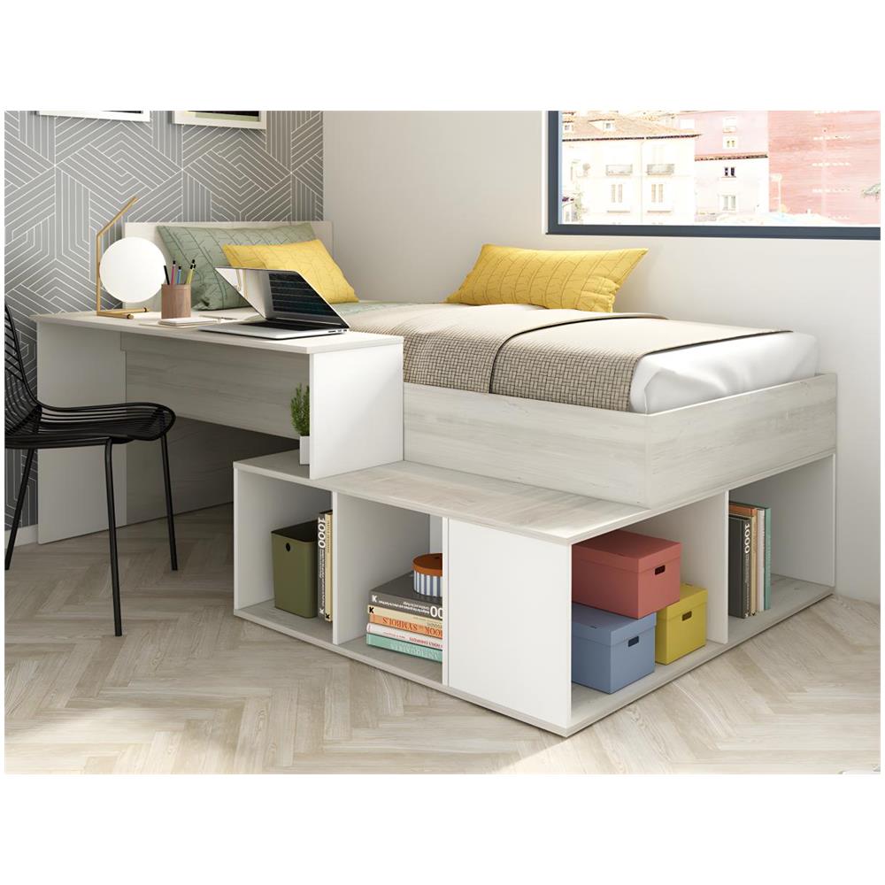 Letto Combinato 90 X 200 Cm Con Vani Portaoggetti E Scrivania Naturale Grigio E Bianco - Rigali - Foto 5