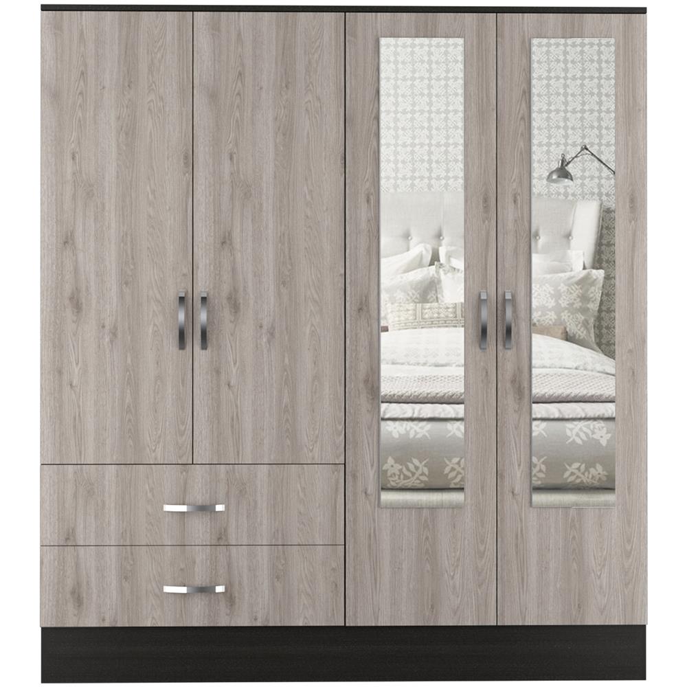 Armadio Bolton 160 Con Specchio E Due Cassetti, 180,6 Cm A X 160 Cm L X 49,4 Cm P, Nero / Frassino - Foto 1