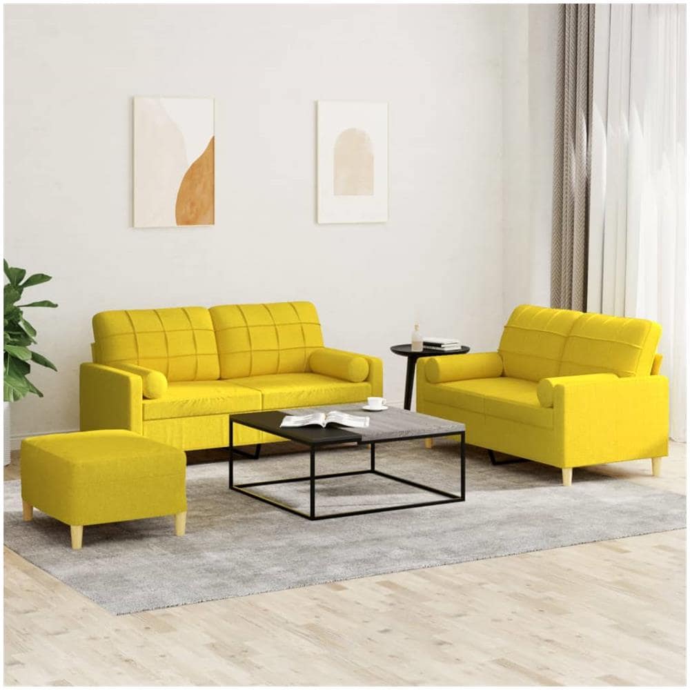 Set Di Divani 3 Pz Con Cuscini Giallo Chiaro In Tessuto - Foto 1