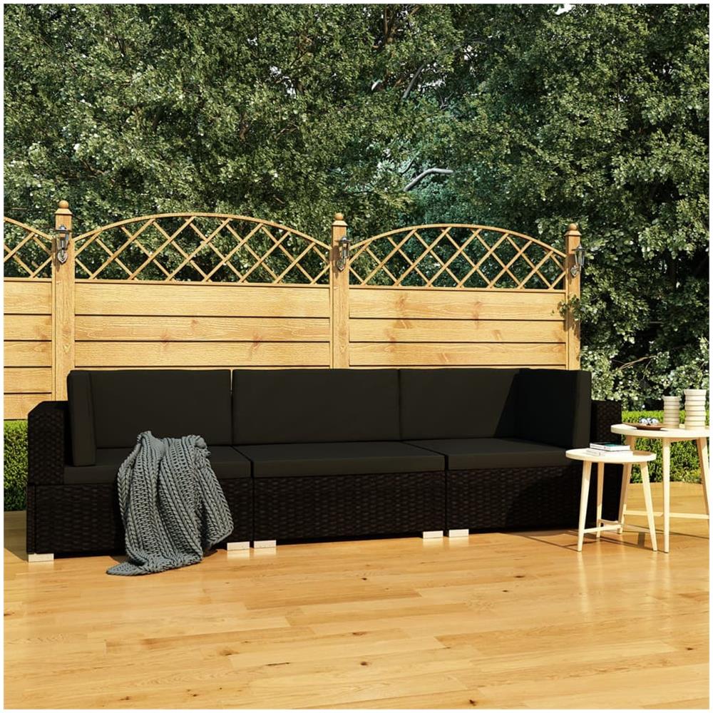Set Divani Da Giardino 3 Pz Con Cuscini In Polyrattan Nero - Foto 1
