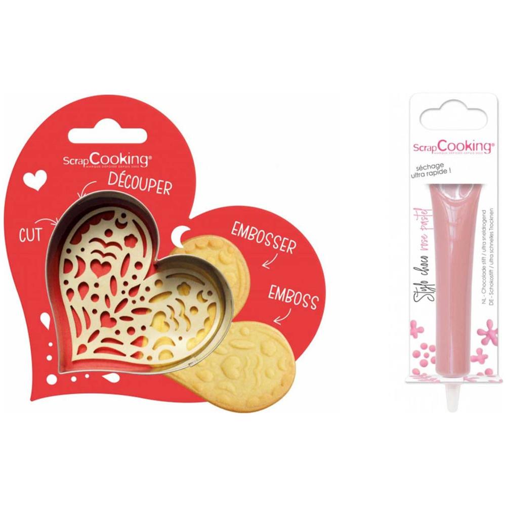 Kit Biscotti Con Cuore In Rilievo + Penna Per Cioccolato Rosa Pastello - Foto 1