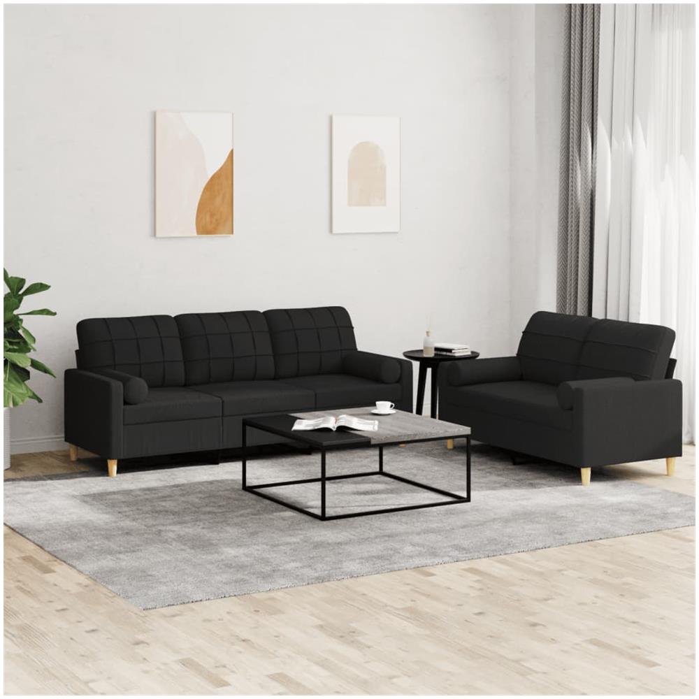 Set Divani 2 Pz Con Cuscini Nero In Tessuto - Foto 1