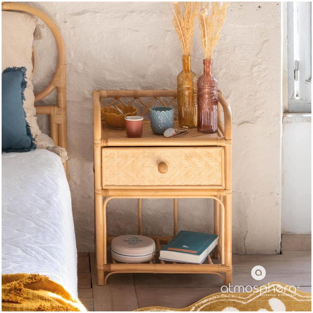 Tavolo In Rattan Per Camera Da Letto Aoni, Con Cassetto E Ripiano - Foto 1