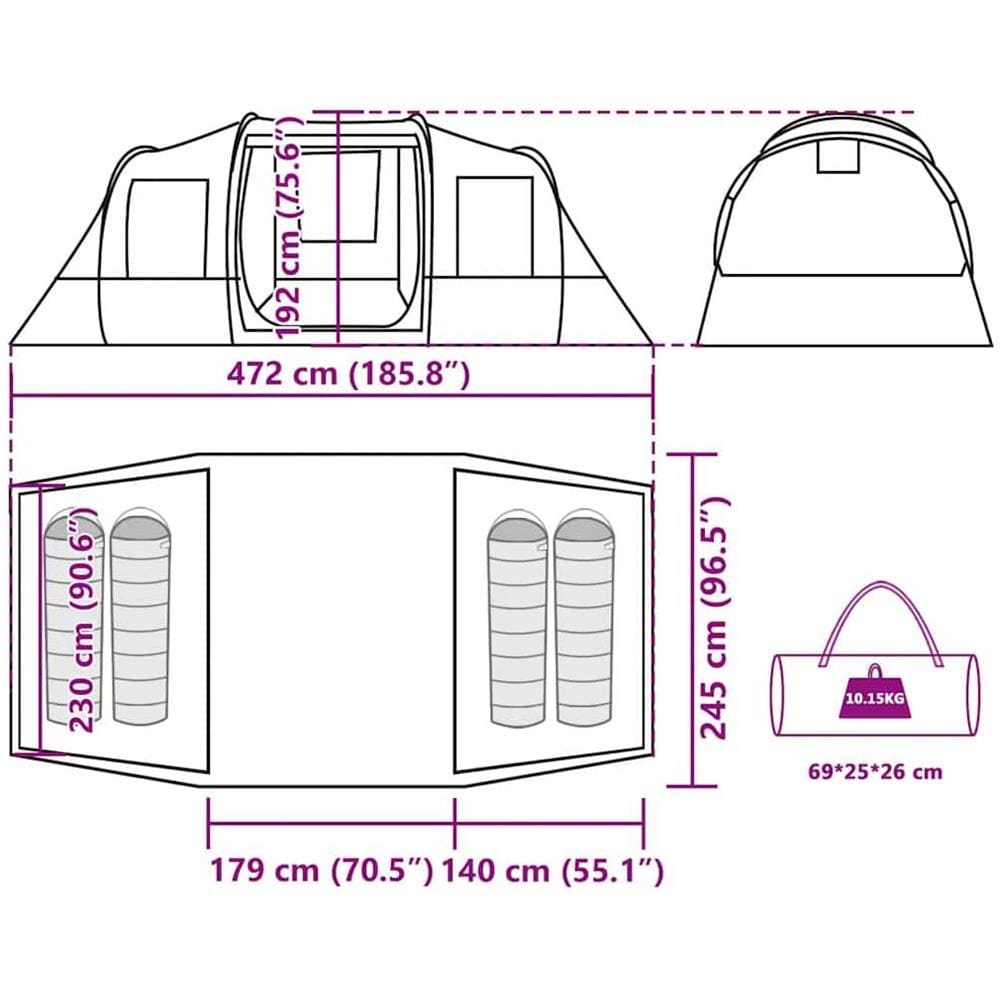 Tenda da Campeggio a Tunnel per 4 Persone Verde Impermeabile - Foto 10
