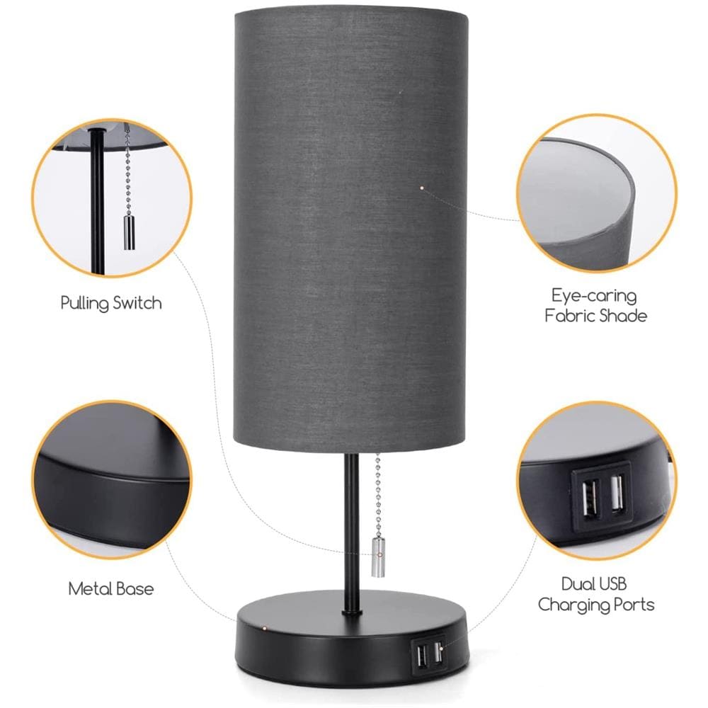 Lampada Da Tavolo Comodino Moderna In Metallo E Tessuto Ricarica Smartphone Usb - Foto 1