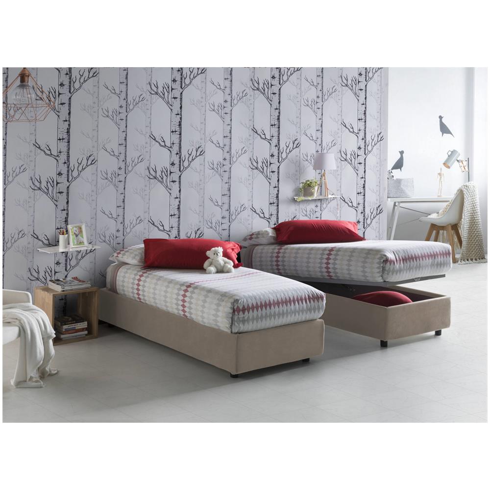 Letto Singolo Valentina, Letto Contenitore Con Rivestimento In Tessuto, 100% Made In Italy, Apertura Frontale, Con Materasso Cm 90x200 Incluso, Tortora - Foto 1