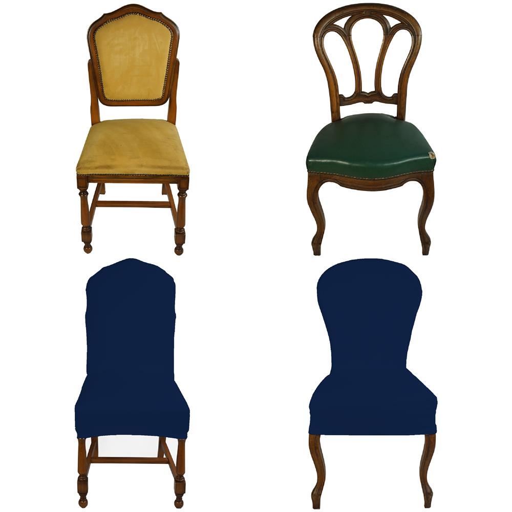 Set 4 Vestisedia Universale Con Schienale Tondo Subito Fatto Per Sedie Da Ufficio, Cucina, Sala Da Pranzo, Camera, Hotel O Ristorante In Tessuto Super Elasticizzato Made In Italy Blu - Foto 1