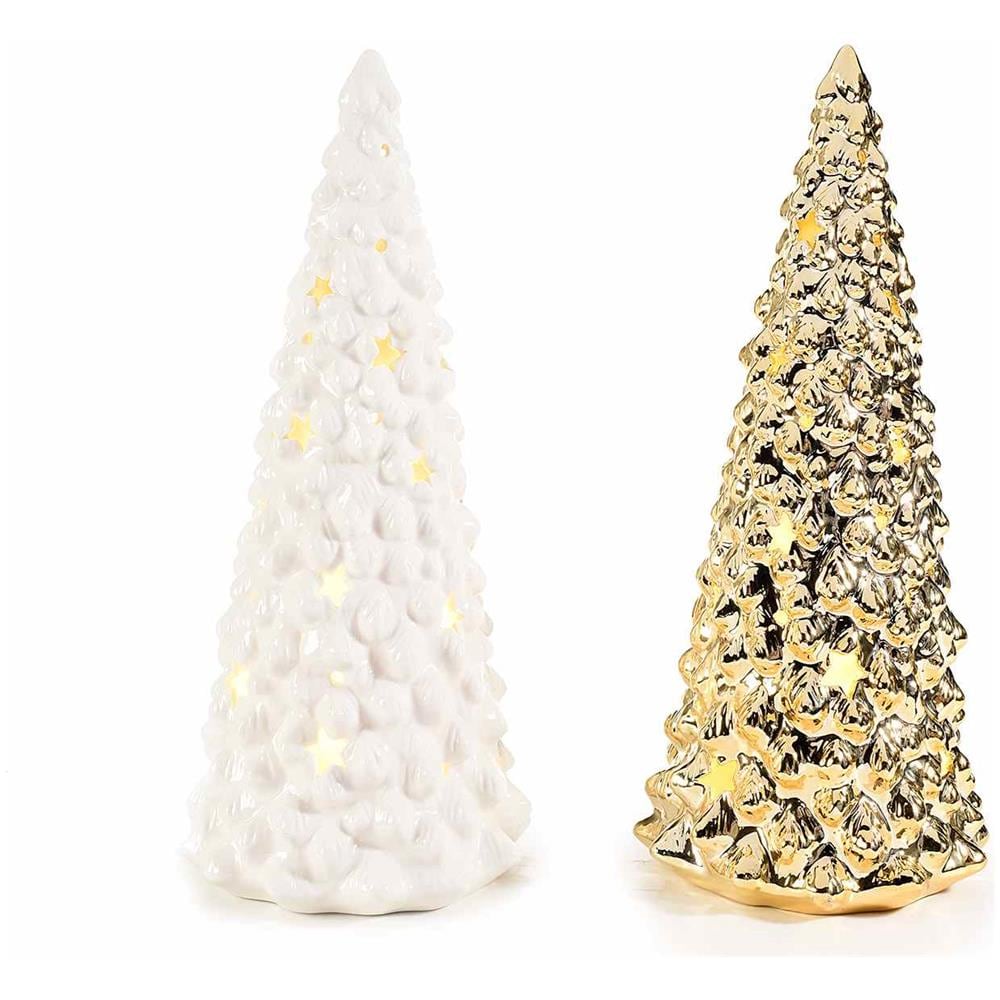 Set 2 Alberi Di Natale Luminosi Da Tavolo In Ceramica Alberelli Di Natale Da Appoggiare Decorazione Natalizia Per Casa E Negozio Idea Regalo - Foto 1