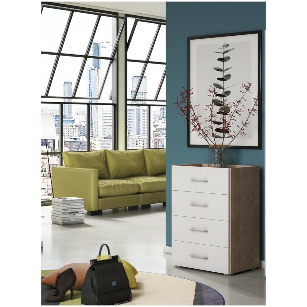 Cassettiera Primula, Settimanale A 4 Cassetti Per Camera Da Letto, Mobiletto Multiuso Da Ufficio O Studio, 60x41h87 Cm, Rovere E Bianco - Foto 1