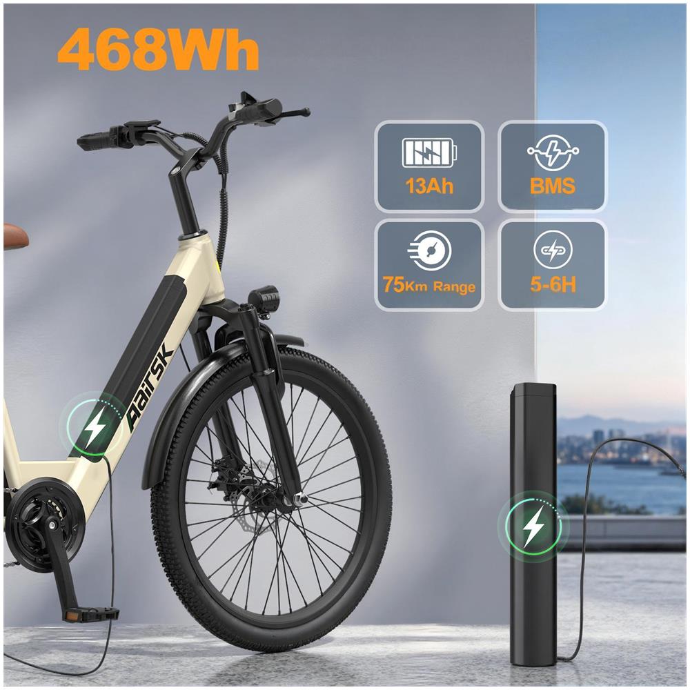 Bicicletta Elettrica 26 Pollici S600 Batteria Rimovibile 36V13Ah Shimano 7 Velocità 250W 25KM /H Autononomia 30-60km E-Bike con Portapacchi Posteriore Beige - Foto 2
