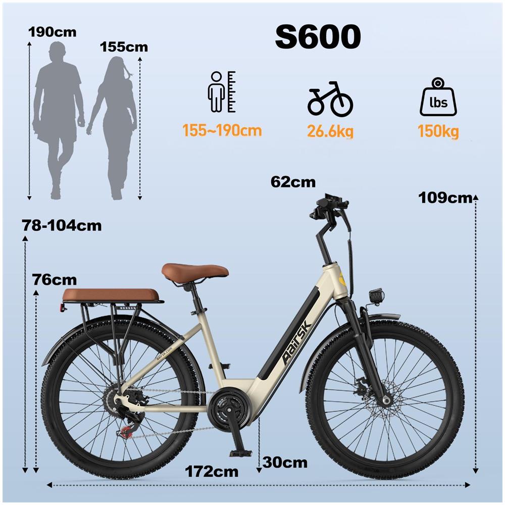 Bicicletta Elettrica 26 Pollici S600 Batteria Rimovibile 36V13Ah Shimano 7 Velocità 250W 25KM /H Autononomia 30-60km E-Bike con Portapacchi Posteriore Beige - Foto 8