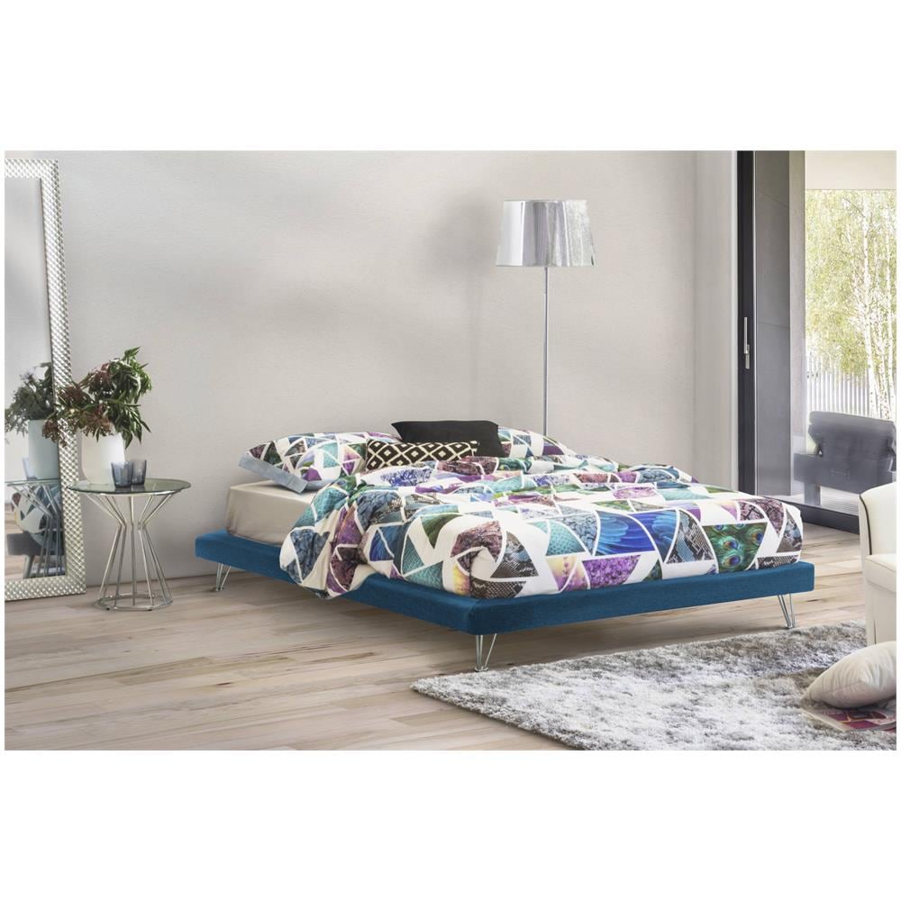 Letto Matrimoniale Isabella, Letto Fisso In Tessuto Con Piedini, 100% Made In Italy, Adatto Per Materasso Cm 160x190, Blu - Foto 1