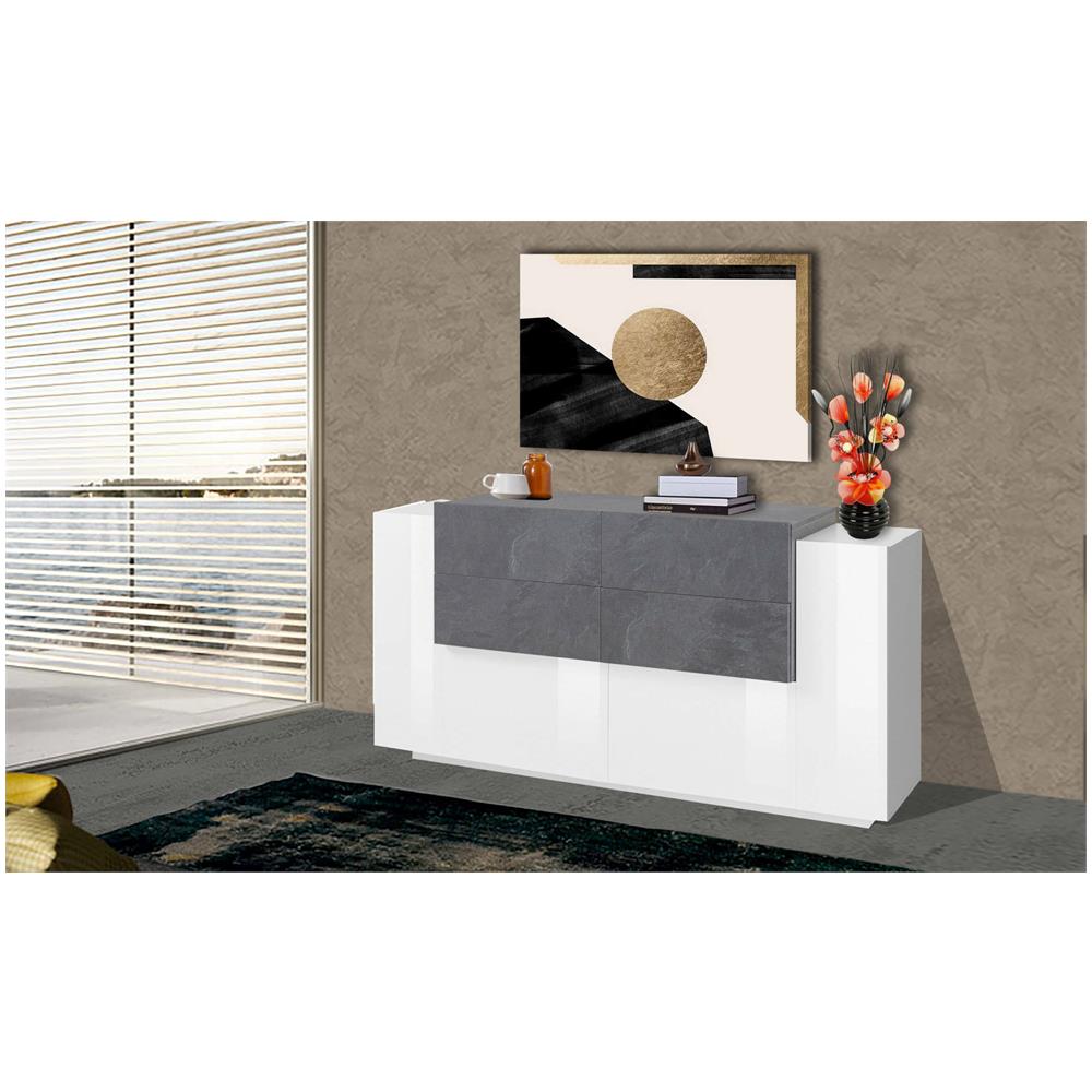 Credenza Alberto, Madia Da Cucina A 2 Ante E 4 Cassetti, Buffet Da Soggiorno, Madia Da Cucina, 100% Made In Italy, Cm 160x45h86, Bianco Lucido E Ardesia - Foto 1