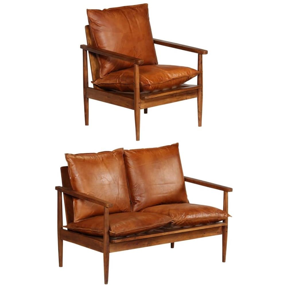 Set Divani 2 pz in Vera Pelle e Legno Massello d'Acacia Marrone - Foto 1