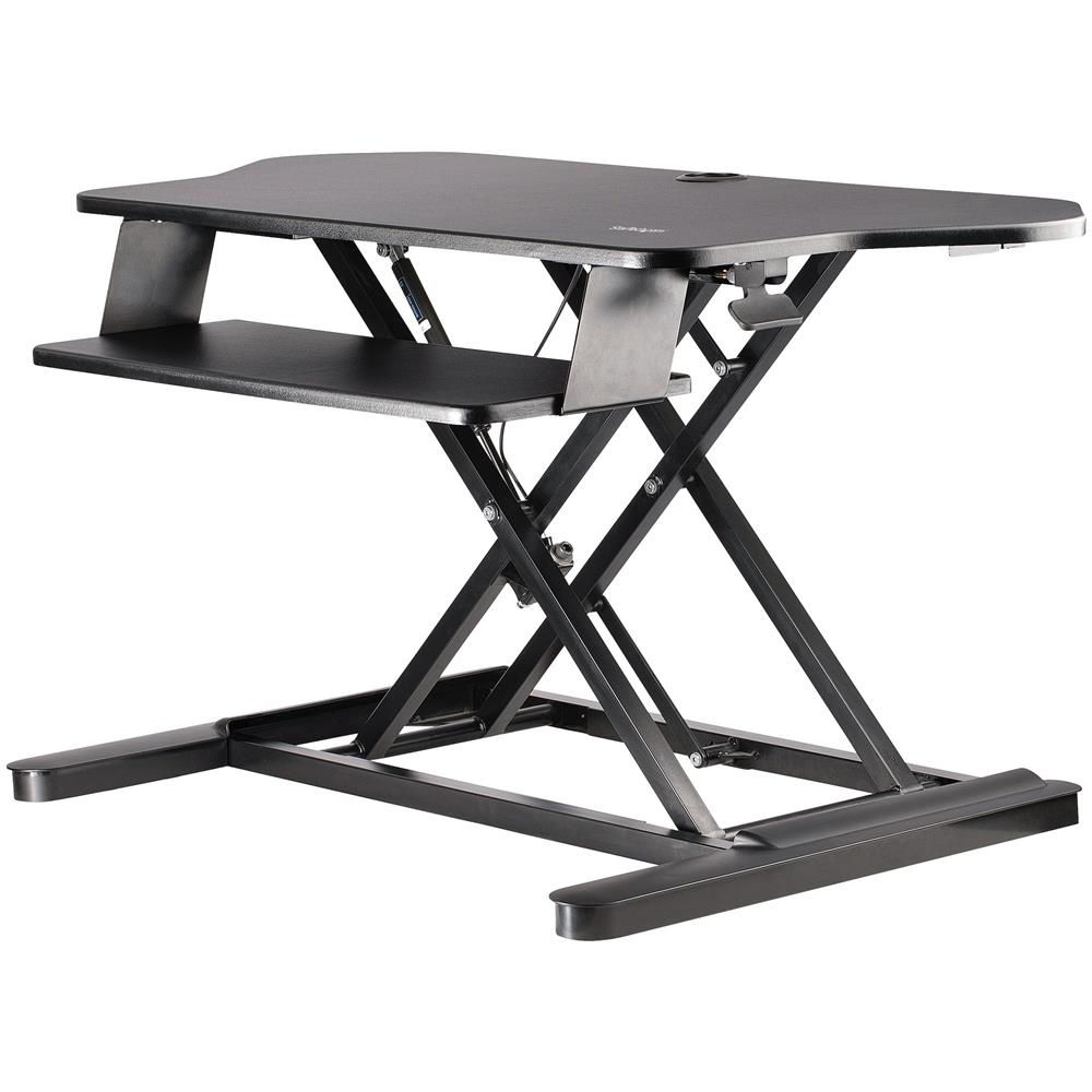 Scrivania ad angolo Sit Stand con Vassoio per Tastiera - Ampia Superficie (908x530mm) - Postazione di lavoro ergonomica per stare in piedi /seduto ad altezza regolabile - Supporta due monitor - Foto 1