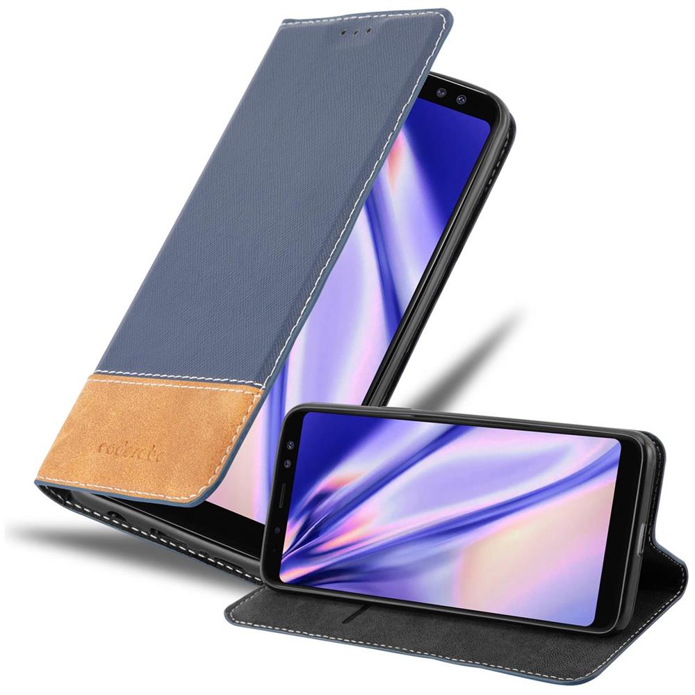 Custodia Compatibile Con Samsung Galaxy A8 2018 In Blu Scuro Marrone - Coperchio Protettiva Con Chiusura Magnetica, Funzione Stand E Tasca Per Le Carte - Foto 1