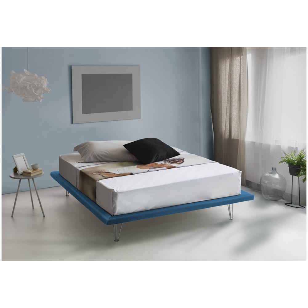 Letto Matrimoniale Linda, Letto Fisso In Tessuto Con Piedini, 100% Made In Italy, Adatto Per Materasso Cm 160x200, Blu - Foto 1
