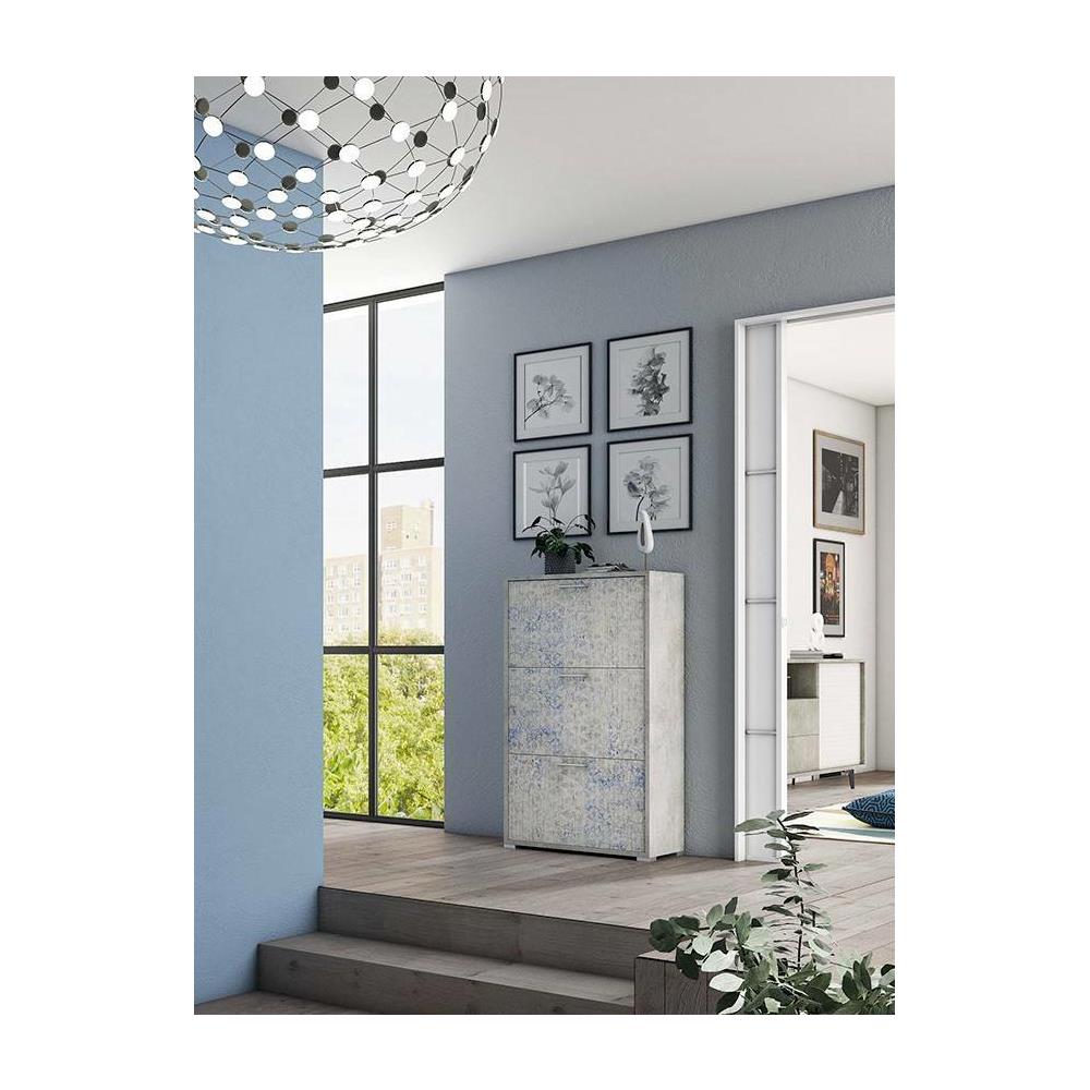 Scarpiera Peonia, Mobile Multiuso Da Ingresso Con 3 Ante A Ribalta, Armadietto Portascarpe A Doppia Profondità, 100% Made In Italy, 67x28h112 Cm, Cemento E Azzurro - Foto 1