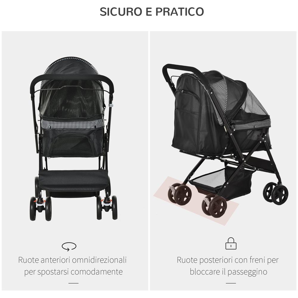 Passeggino Per Cani Piccoli Pieghevole Con Maniglione Girevole Ruote In Eva E Cestino Portaoggetti Nero - Foto 8