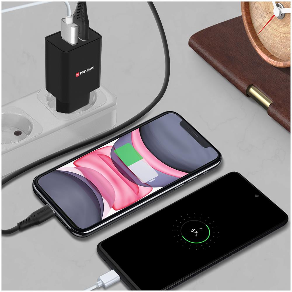 Caricatore Da Muro Doppio Usb 2.1a Smart Ic + Cavo Iphone / Ipad Swissten Nero - Foto 2
