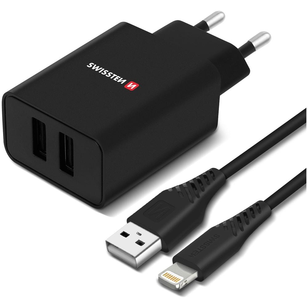 Caricatore Da Muro Doppio Usb 2.1a Smart Ic + Cavo Iphone / Ipad Swissten Nero - Foto 1