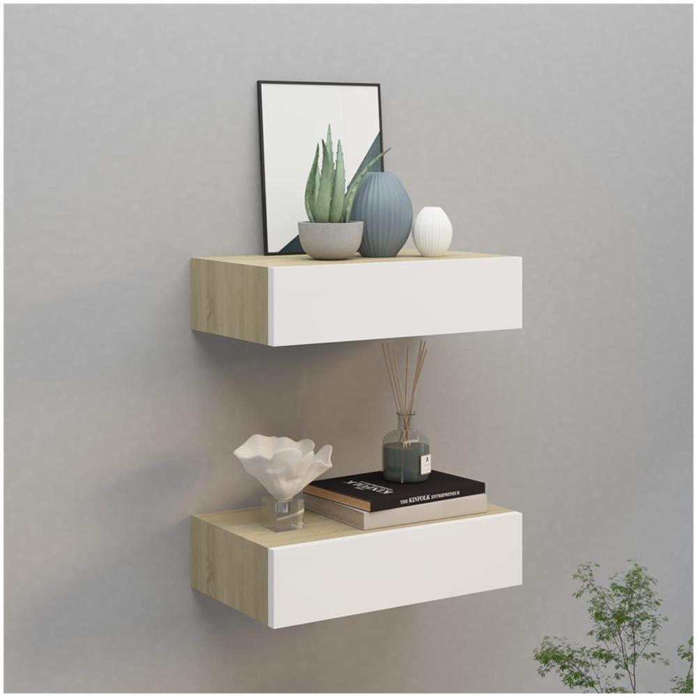 Scaffali Cassetti A Muro 2pz Rovere E Bianco 40x23,5x10cm Mdf - Foto 1