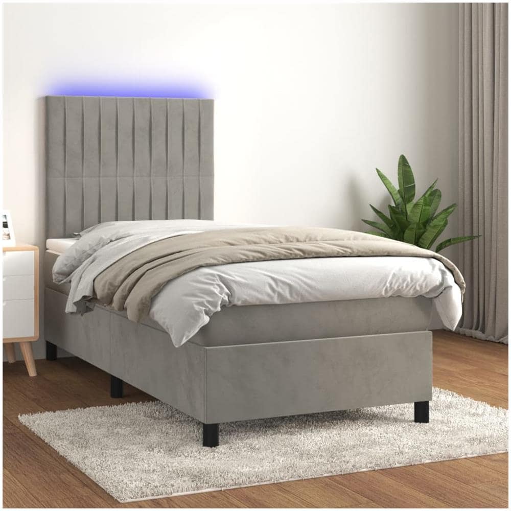 Letto A Molle Materasso E Led Grigio Chiaro 90x200 Cm Velluto - Foto 1