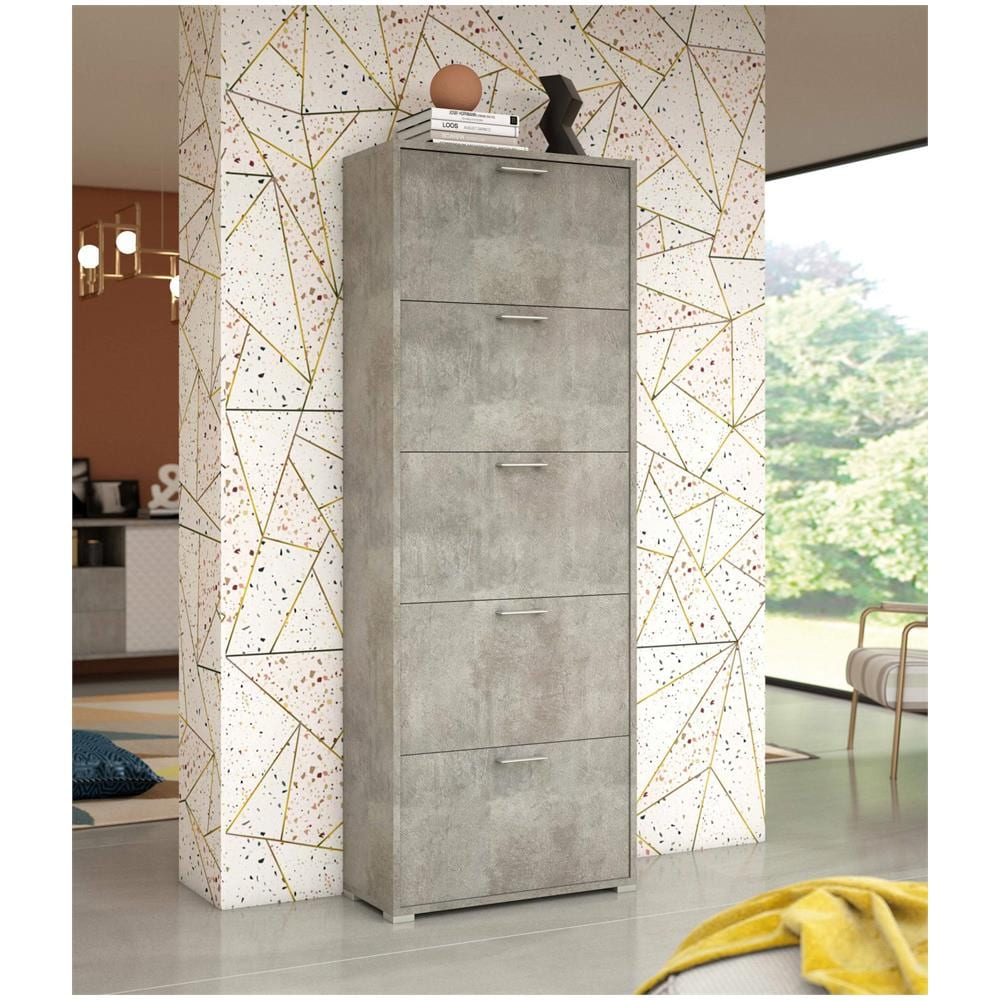 Scarpiera Surfinia, Mobile Multiuso Da Ingresso Con 5 Ante A Ribalta, Armadietto Portascarpe A Doppia Profondità, 100% Made In Italy, 67x28h183 Cm, Cemento - Foto 1