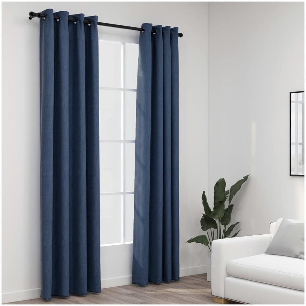 Tende Oscuranti Effetto Lino Con Occhielli 2 Pz Blu 140x245 Cm - Foto 1