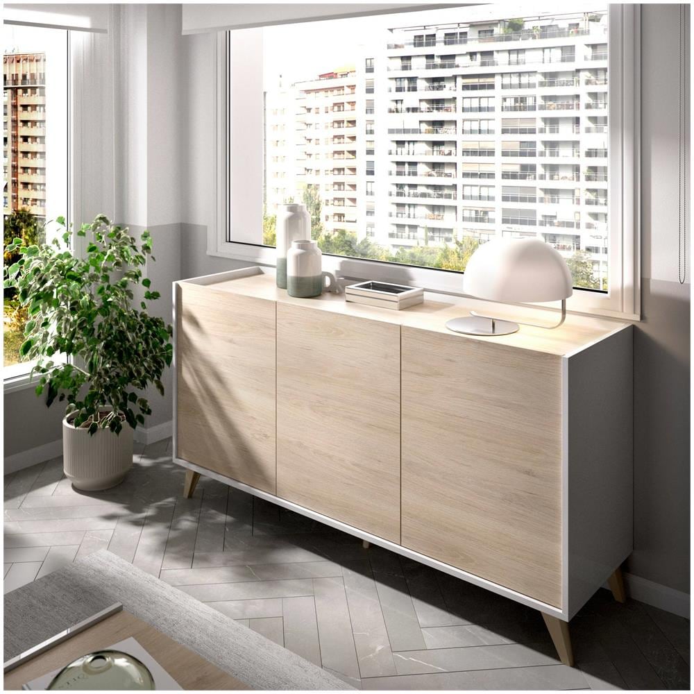 Credenza Avez, Buffet Da Soggiorno, Madia Moderna Da Salotto A 3 Ante, 155x43h75 Cm, Rovere E Bianco - Foto 1