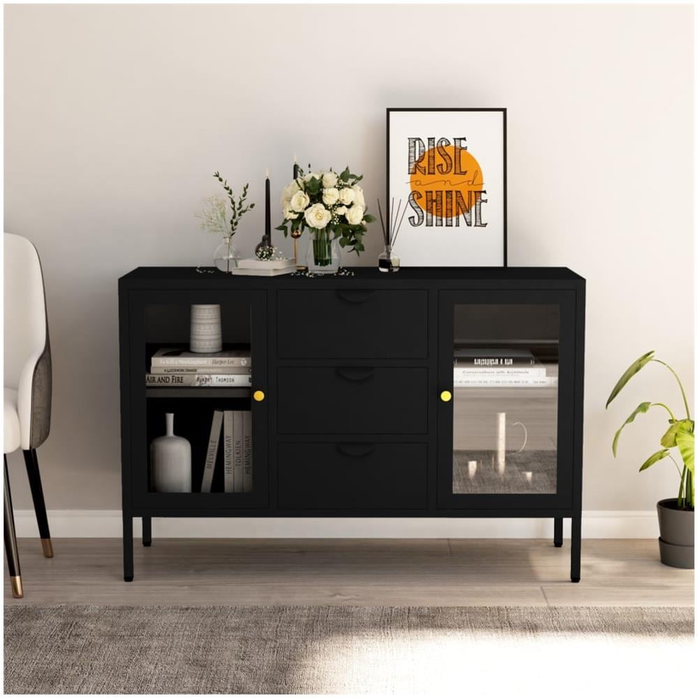 Credenza Nera 105x35x70 Cm In Acciaio E Vetro Temperato - Foto 1
