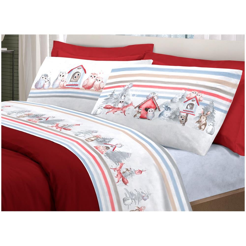 Completo Lenzuola Letto Pensieri Delicati 100% Cotone Disegno Gufi Singolo Rosso - Foto 1