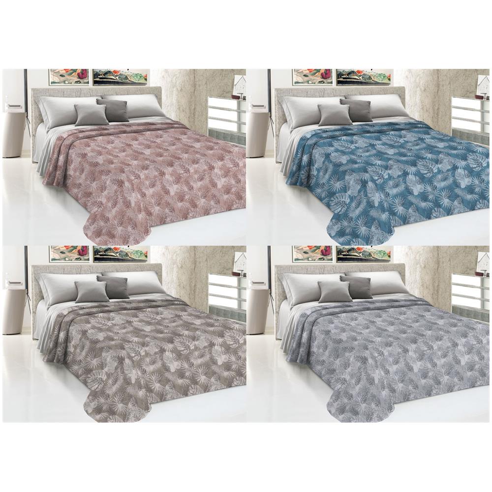 Copriletto Piquet Primavera Estate 100% Cotone Disegno Tropical Felce Matrimoniale Rosa - Foto 2